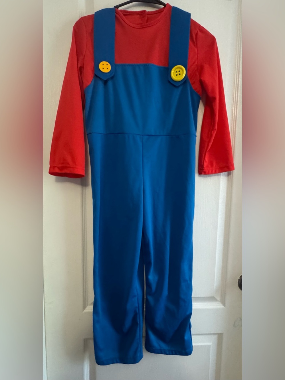 Kids Superhero Jumpsuit Costume in Blue and Red with Yellow Button Accents